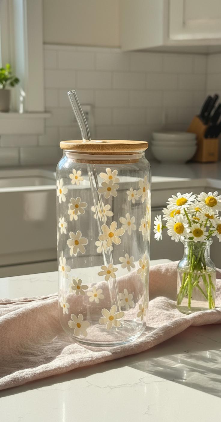 18oz Glass Cup W/Glass Straw