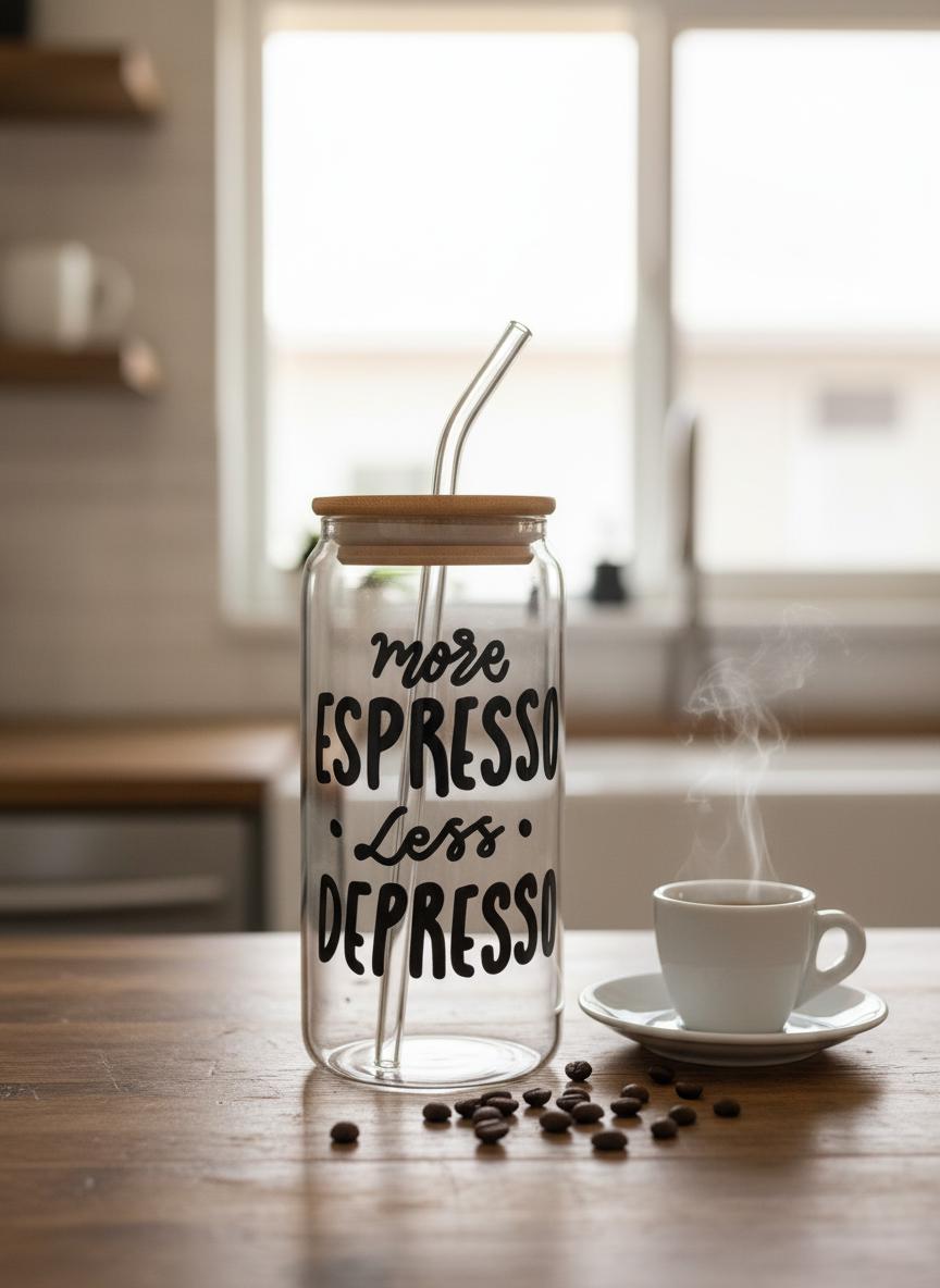 18oz Glass Cup W/Glass Straw