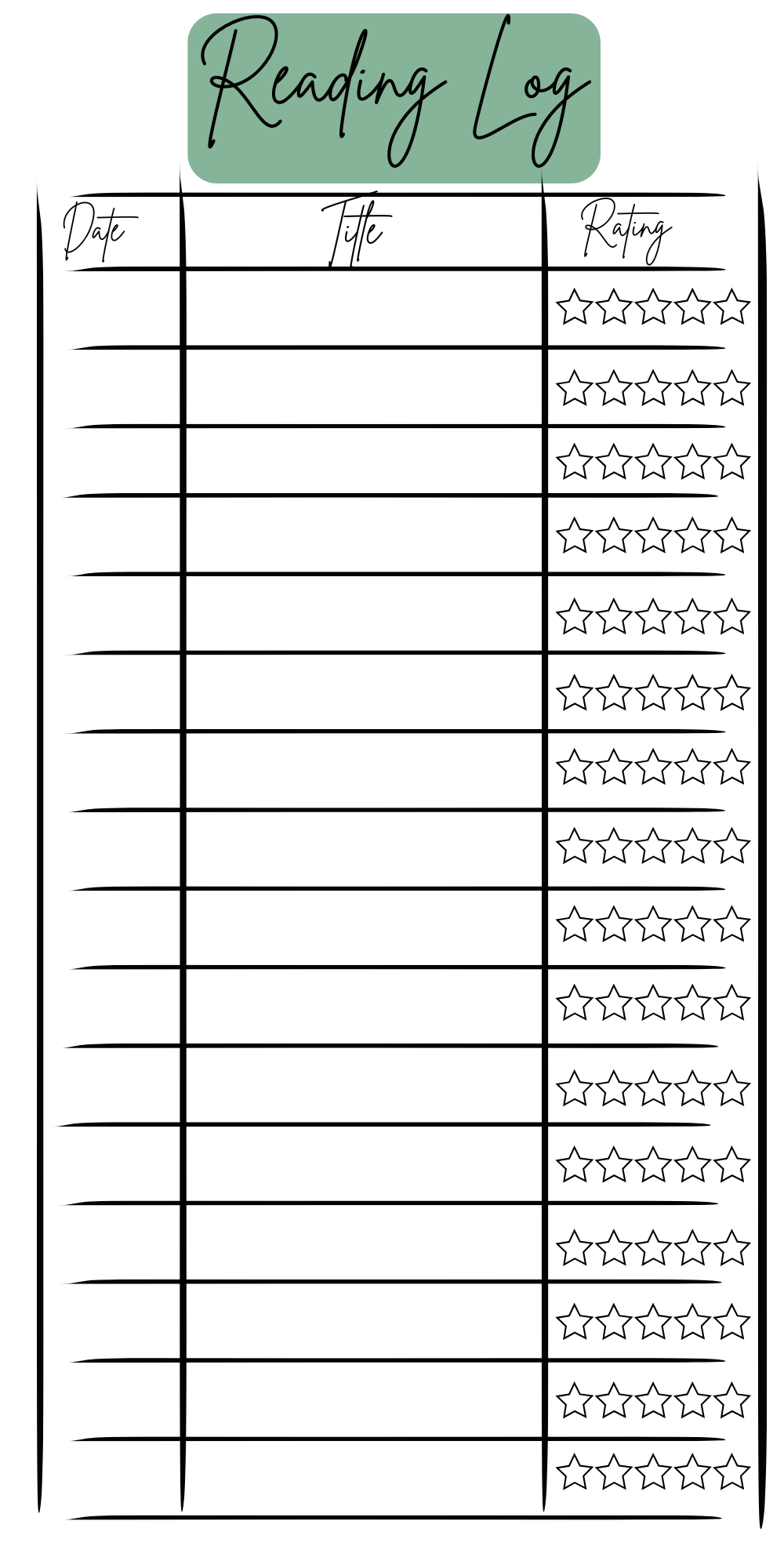 Reading Log Bookmark- Rating