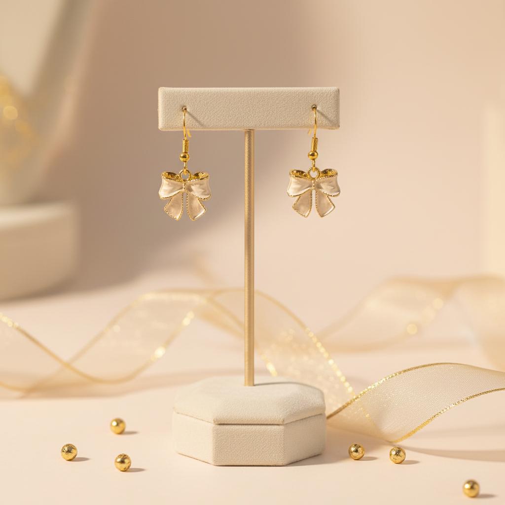 White And Gold Bow Earrings