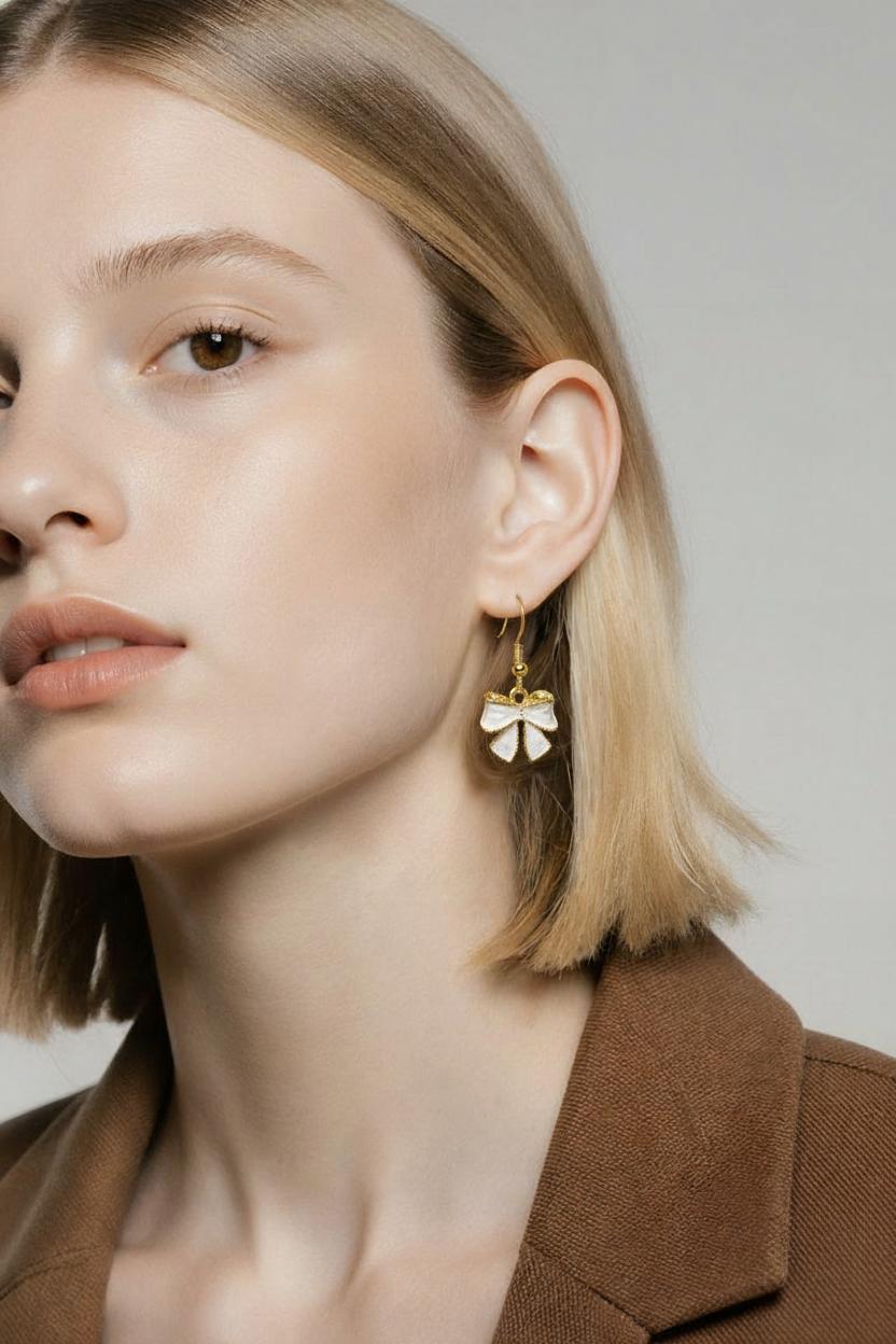 White And Gold Bow Earrings